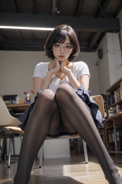 8K, best quality, masterpiece, ultra high resolution, (realism: 1.4), original photo,

1 girl, beautiful girl, 20 years old, short hair, black hair, big breasts, big eyes,

Wearing glasses, a mini skirt, covering private areas with hands, legs crossed, purple pantyhose, sitting on the table, looking from below