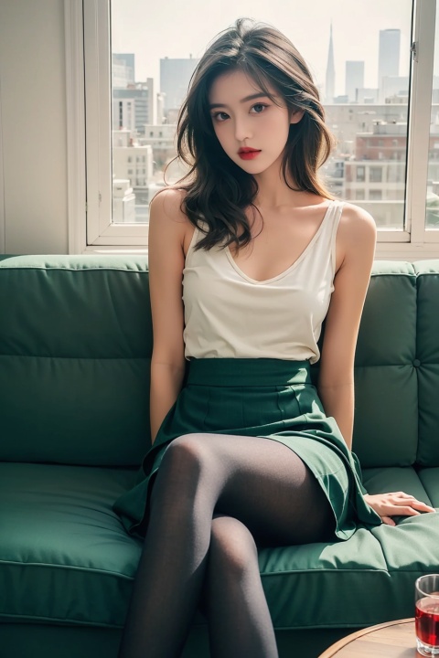 1 girl sitting on the sofa, (long skirt: 1.2), legs crossed, dark green gradient pantyhose, soft light, hands 101, pantyhose