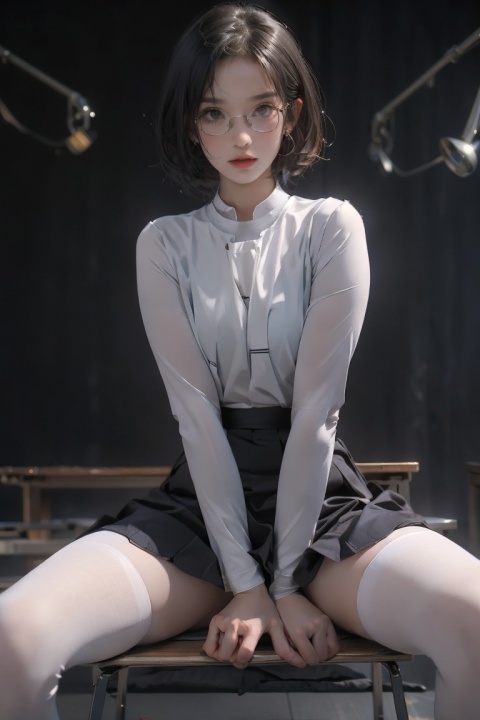 8K, best quality, masterpiece, ultra high resolution, (realism: 1.4), original photo,

1 girl, beautiful girl, 20 years old, short hair, black hair, big breasts, big eyes,

Wear glasses, mini skirt, (hands between legs: 1.2), legs together, (white stockings: 1.1), sit on the table, looking from below