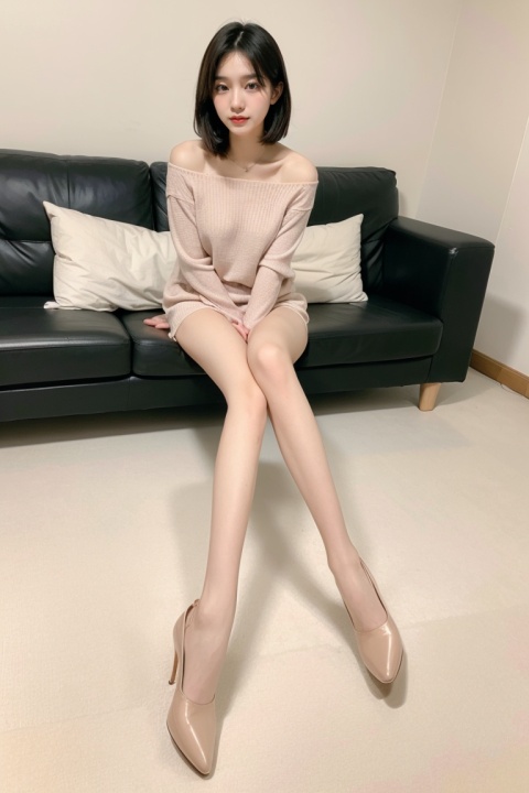 1 girl sits on the carpet, legs together, gradient pantyhose, soft light, hands 101, pantyhose