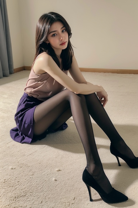 1 girl sitting on the carpet, legs together, dark purple pantyhose, soft light, hands 101, pantyhose