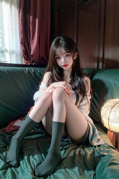1girl sits on the carpet, legs crossed, dark green gradient socks, soft lighting, hands 101,