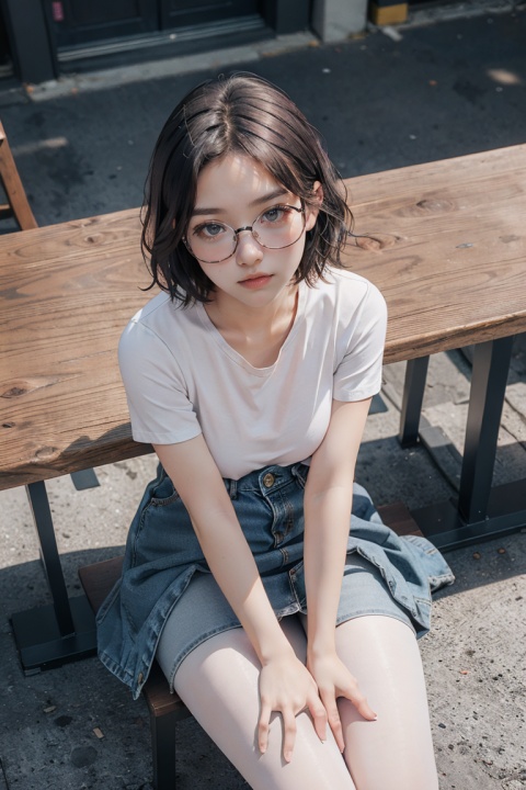 8K, best quality, masterpiece, ultra high resolution, (realism: 1.4), original photo,

1 girl, beautiful girl, 20 years old, short hair, black hair, big breasts, big eyes,

Wear glasses, denim long skirt, (hands between legs: 1.2), legs together, (pink stockings: 1.1), sit on the table, look from above