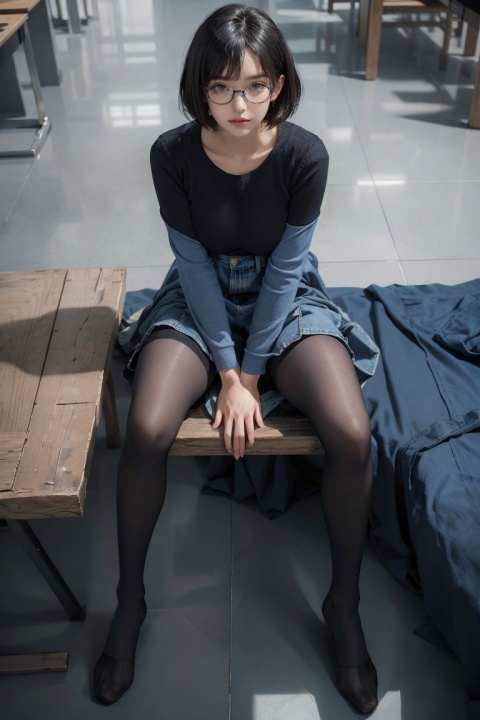 8K, best quality, masterpiece, ultra high resolution, (realism: 1.4), original photo,

1 girl, beautiful girl, 20 years old, short hair, black hair, big breasts, big eyes,

Wear glasses, denim long skirt, (hands between legs: 1.2), legs together, (blue stockings: 1.1), sit on the table, look from above,midjourney portrait