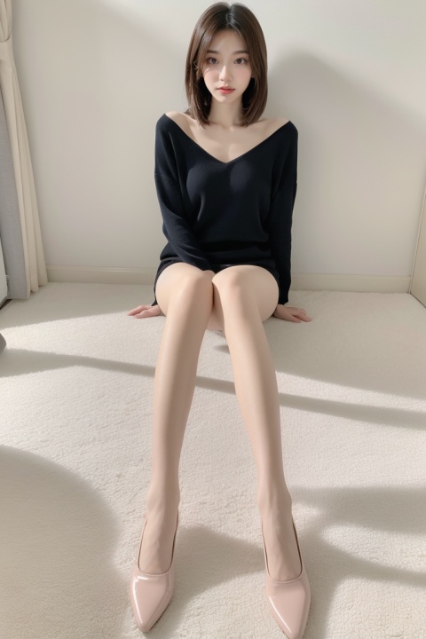 1 girl sits on the carpet, legs together, gradient pantyhose, soft light, hands 101, pantyhose