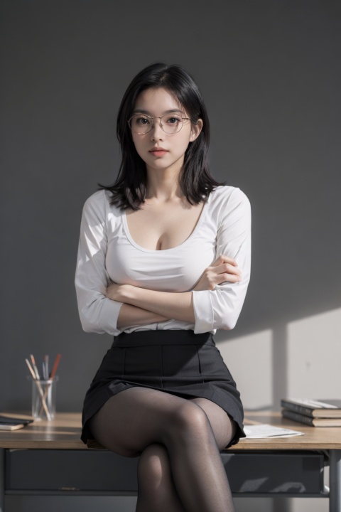 8K,Best quality,masterpiece,ultra high res,(photorealistic:1.4),raw photo,
1girl,beautiful girl,20y,shot hair,black hair,large breasts,big eyes,
wearing glasses,miniskirt,crossed arms,crossed legs,sitting on desk,from below,Pantyhose