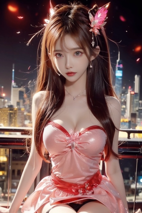 (aerial view,view of city),1girl flying in air,beautiful cute crystal girl in 26 years old, wearing crystal wear, the crystal is evil, black and pink and red glowing crystal, crystal pink hair, the power is every wear, she is evil but cute, the crystal is evil and glowing black and pink and red colors, detailed evil eyes,she has a serious expression and her lips are closed glowing crystal wear, (incredible details, cinematic ultra wide angle, depth of failed, hyper detailed, insane details, hyper realistic, high resolution, cinematic lighting, soft lighting, incredible quality, dynamic shot,,Hair with scenery,baiyueguangya,huliya,glint sparkle,1 girl,tifa,wangyushan