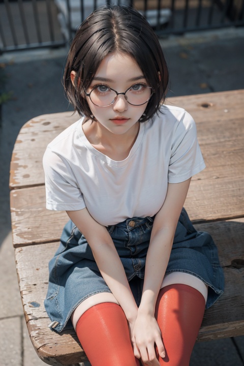 8K, best quality, masterpiece, ultra high resolution, (realism: 1.4), original photo,

1 girl, beautiful girl, 20 years old, short hair, black hair, big breasts, big eyes,

Wear glasses, denim long skirt, (hands between legs: 1.2), legs together, (red stockings: 1.1), sit on the table, look from above