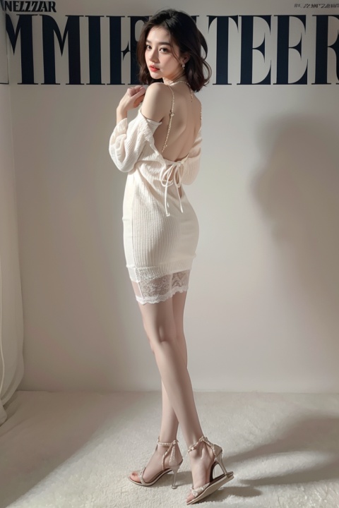 Young and beautiful girl, super detailed, official art, unified 8k wallpaper, (fashion magazine cover: 1.3), wrapped dress, (white gradient stockings), personalized necklace, lace up sandals, open back sweater, 1 woman, pantyhose