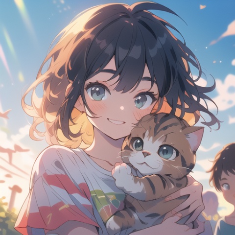 ((best quality)), ((masterpiece)), (youthful summer), close up portrait of kitten perched on boy's shoulder, (coming of age film:1.3), warm sunlight on faces, (nostalgic lighting:1.2), beaming smiles, (casual clothing:1.1), t-shirt and shorts, (carefree joy:1.2), cat pawing playfully, (young love:1.3), wind blowing through hair, (intimate composition:1.1), (8k resolution:1.0)