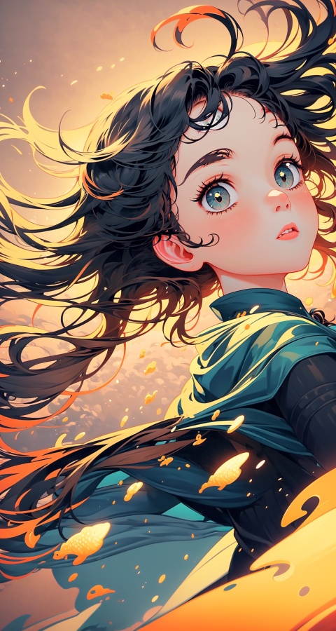 (Low angle shooting, ultra wide angle shooting), a girl from ancient China stands in the air, surrounded by golden runes, black hair, long hair, messy hair, (facial focus), exquisite eyebrows, beautiful facial features, (upper body close-up photo: 1.2), sparkling runes, best image quality, 3D rendering, looking up, ultra wide angle, fish eyes, lens focus, ultra realistic and detailed, high detail texture, Ultra high quality, 16k, fashionable style, random movements
