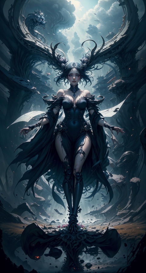 Queen,holding a long sword,a perfect long sword,a straight sword,Full body display,leaning against the ruins,with a floating skeleton in the background. The Queen's expression is enchanting,her posture is seductive,her hand is holding her face,and there is a flicker of evil energy runes in the background,blood mist filled,and soft light. My feet are covered in bones. Skeletons,many skeletons. Black stockings. Official art,unit 8 k wallpaper,ultra detailed,beautiful and aesthetic,masterpiece,best quality,extremely detailed,dynamic angle,paper skin,radius,iuminosity,cowboyshot,the most beautiful form of Chaos,elegant,a brutalist designed,visual colors,romanticism,by James Jean,roby dwi antono,cross tran,francis bacon,Michael mraz,Adrian ghenie,Petra cortright,Gerhard richter,Takato yamamoto,ashley wood,atmospheric,ecstasy of musical notes,streaming musical notes visible,flowers in full bloom,deep forests,sunlight,atmosphere,rich details,full body lens,shot from above,shot from below,detail background,beautiful sky,floating hair,perfect face,exquisite facial features,high detail,smile,Fisheye lens,dynamic angle,dynamic posture,danjue,comic,midjourney portrait