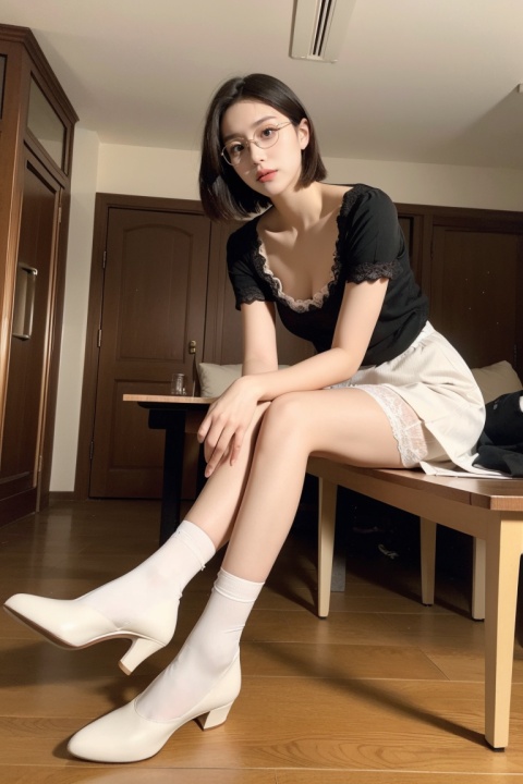 8K, best quality, masterpiece, ultra high resolution, (realism: 1.4), original photo,

1 girl, beautiful girl, 20 years old, short hair, black hair, big breasts, big eyes,

Wearing glasses, lace long skirt, (hands between legs: 1.2), legs together, (white stockings: 1.1), sitting on the table, looking from below