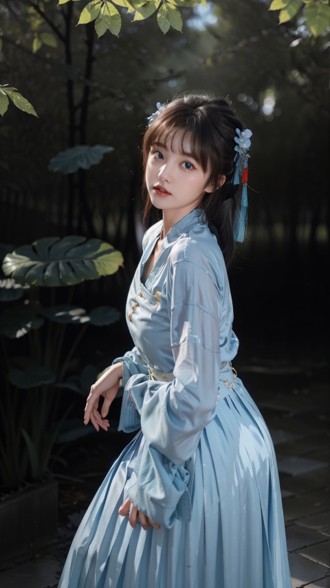  1girl,among leaves,light rays,masterpiece, best quality,Maho Nanami, 1girl,solo, red drees,bangs, dynamic pose, mature female, highly detail,lips, blue eyes, (china dress), policewoman,褶裙 pleated shan skirt shan