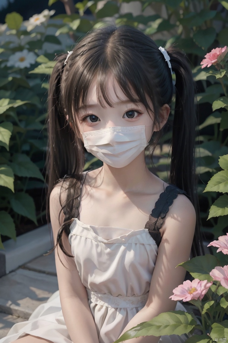  (children:1.5),solo,twintails,white dress,sleeveless,(white mask),upper_body,sit,garden,night