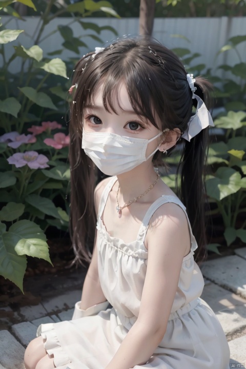  (children:1.5),solo,dress,sleeveless,twintails,earrings,necklace,(white mask:1.5),sit,looking_at_viewer,garden,sunshine,