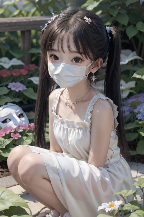  (children:1.5),solo,dress,sleeveless,twintails,earrings,necklace,(white mask:1.5),sit,looking_at_viewer,garden,sunshine,