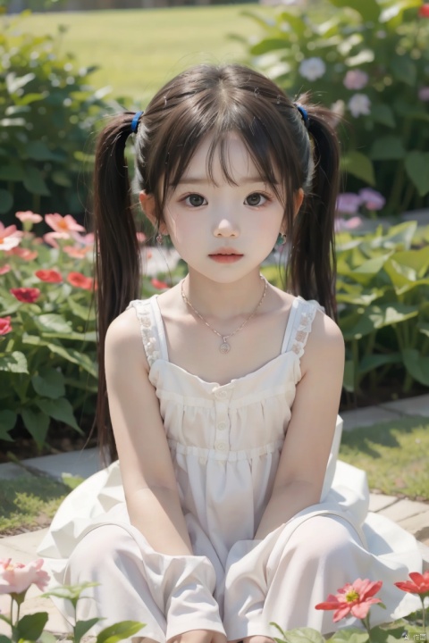 (children:1.5),verylonghair,twintails,bangs,earrings,necklace,(white mask),garden,sunshine,