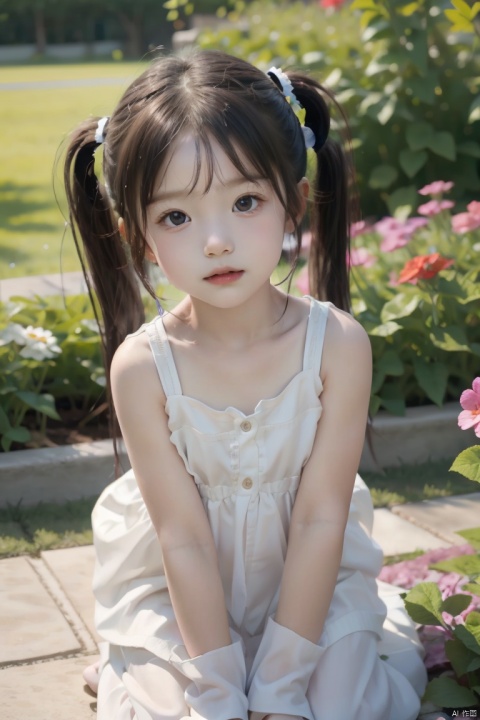  (children:1.5),(solo),twintails,white dress,sleeveless,upper_body,(close-up:0.8),sit,garden,sunshine,