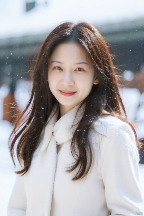  (masterpiece, best quality:1.2),Highly detailed,a woman,(snow:1.2),(snowing:1.2),snow,solo,scarf,long hair,smile,brown hair,bokeh,realistic,coat,blurry,, jiaxin, chenchen, bobo, tianxiu