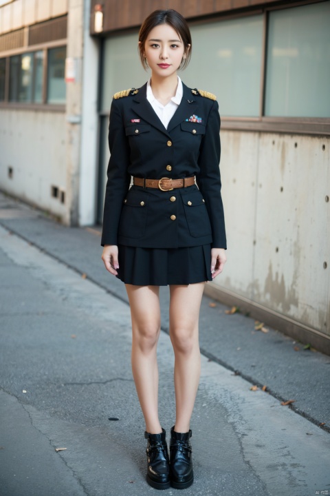 1girl, solo, brown hair, black footwear, full body, uniform, looking at viewer, short hair, standing, skirt, brown eyes, belt, buttons, military, black skirt, long sleeves, high heels, military uniform,