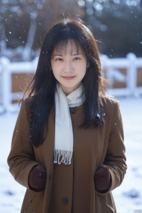  (masterpiece, best quality:1.2),Highly detailed,a woman,(snow:1.2),(snowing:1.2),snow,solo,scarf,long hair,smile,brown hair,bokeh,realistic,coat,blurry,, jiaxin, xiaoxue, 040, amei, yangyang, wawa, fanfan, cougar, cx, SaayaIrie, chenchen, alin, bobo, tianxiu, 1girl