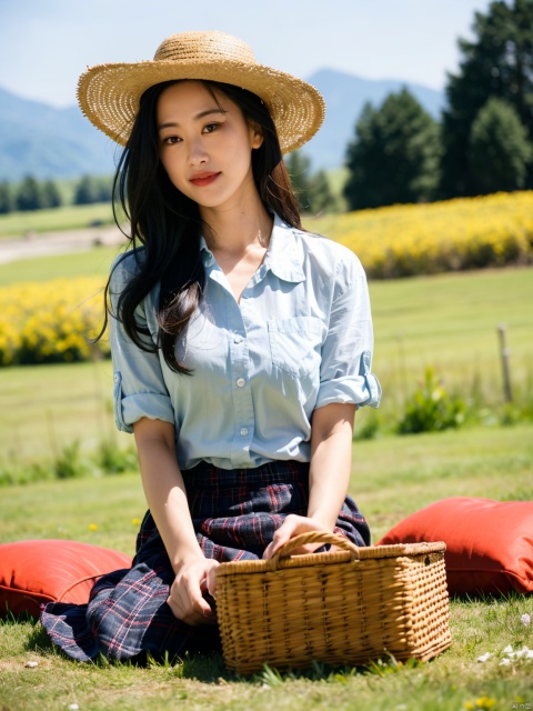  chahua,picnic,1girls,outdoors,hat,black hair,food,tree,open mouth,grass,shirt,sky,smile,opend eyes,white headwear,flower,cloud,sitting,long hair,holding,blush,blurry foreground,spoon,blurry,mountainous horizon,blue sky,plaid shirt,day,fruit,petals,mountain,picnic basket,hair ornament,feeding,white shirt,bird, lingling2.0