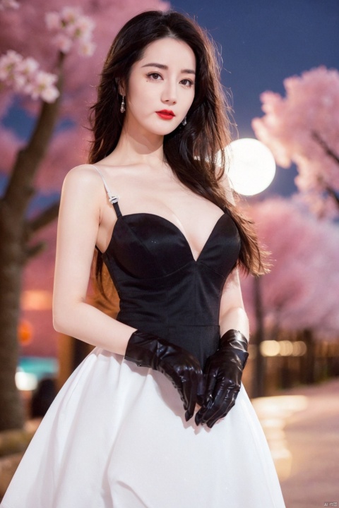 1girl, gloves, solo, breasts, black hair, moon, cleavage, dress, long hair, cherry blossoms, full moon, looking at viewer, black gloves, white dress, realistic, medium breasts, lips, night, brown eyes, cowboy shot