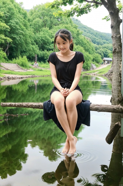  1girl, solo, sitting by the lake, playing water with feet, patting water, water reflection, ripples, flowers, trees, grass, sunny, delicate lighting, tianxiu, tongtong