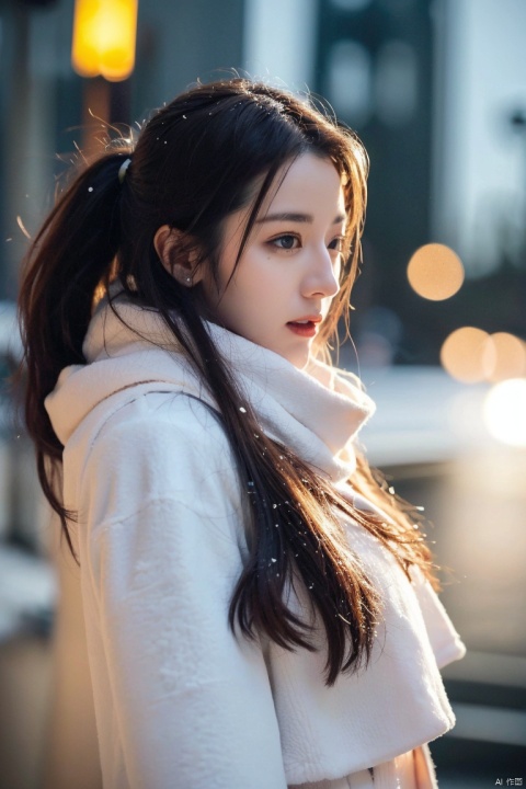  (masterpiece, best quality:1.2),Highly detailed,a woman,(snow:1.2),(snowing:1.2),snow,solo,scarf,long hair,smile,brown hair,bokeh,realistic,coat,blurry,, jiaxin, xiaoxue, 040, amei, yangyang, wawa, fanfan, jiayu, lichun, reba
