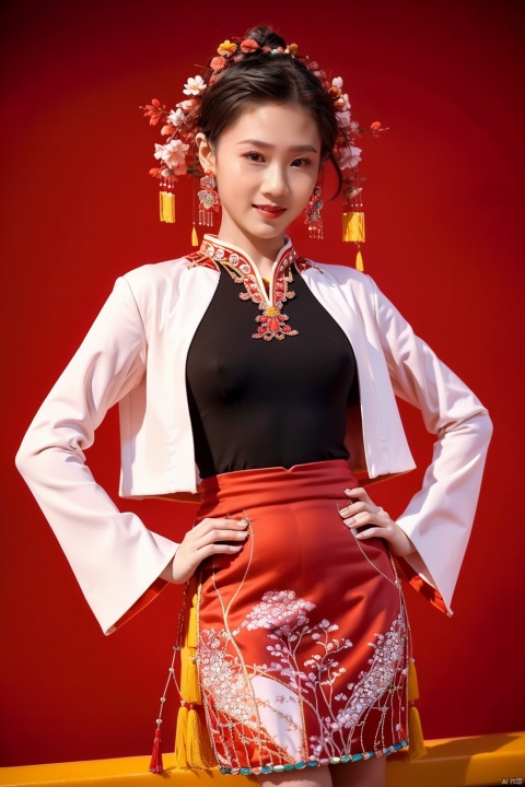  1girl, solo, smile, skirt, simple background, black hair, jewelry, earrings, chinese clothes, red background, hands on hips, realistic, yanba, quanzhen, tongtong, chenchen, jiaxin