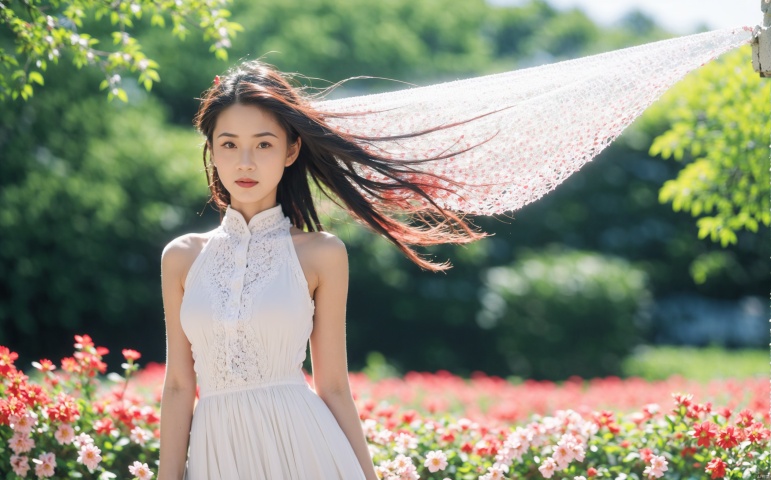  masterpiece, best quality, ultra high res, sexy beauty, slim figure, middle breasts, wearing lace maxi dress；A young girl with a slim figure and a large chest is wearing a long lace dress. She is standing in a field of flowers, with the sun shining on her face. The wind is blowing through her hair, and the flowers are swaying in the breeze. She is looking over her shoulder at the camera, with a seductive expression on her face. The field is filled with a variety of colorful flowers, and the air is filled with the scent of jasmine. The atmosphere is romantic and sensual. The camera is focused on the girl's body, with a shallow depth of field, chenchen, SaayaIrie, jiaxin