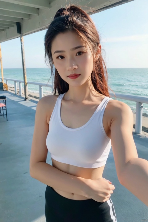  1girl,yoga clothes,selfie, sea, wind, messy hair, sunshine, beach, (aesthetics and atmosphere:1.2), , yangyang, ajuan, alin, fanfan, jiaxin