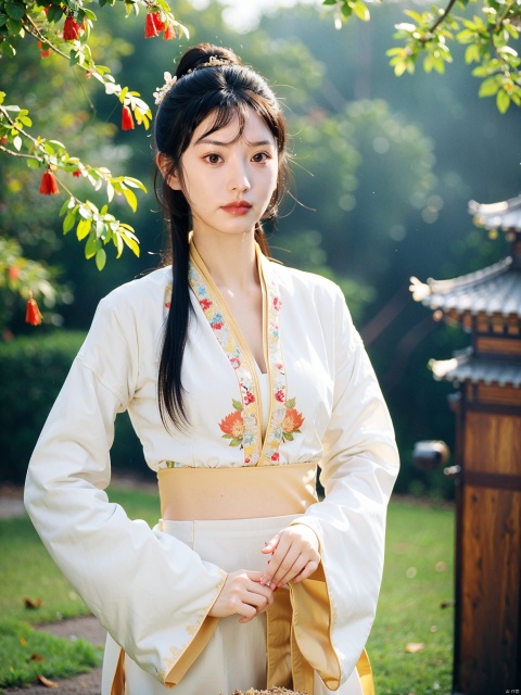 1 girl, wearing a white dress with floral patterns printed on it, featuring gold and white themes for a sense of coordination, order, half body, close-up, upper body, outdoor, front, best image, fallen leaves, branches, autumn leaves, Chinese clothing, ancient style, Chinese long skirt, long sleeves, double layered light gauze skirt, brown eyes, black hair, ultra-high definition, super-resolution, high-resolution, linzhiling