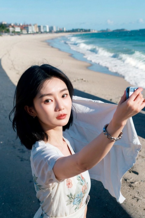  1girl,selfie, sea, wind, messy hair, sunshine, beach, (aesthetics and atmosphere:1.2),