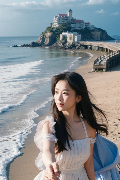  1girl,selfie, sea, wind, messy hair, sunshine, beach, (aesthetics and atmosphere:1.2),