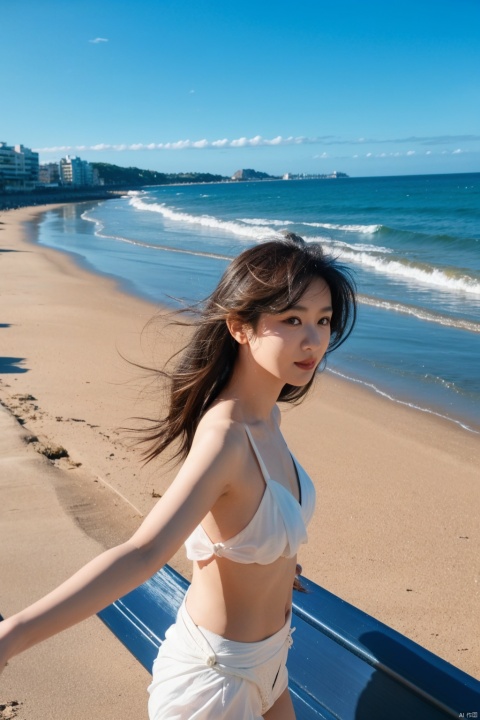  1girl,selfie, sea, wind, messy hair, sunshine, beach, (aesthetics and atmosphere:1.2),