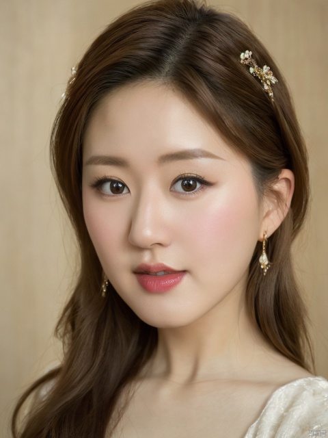  an asian woman posing wearing a traditional dress, in the style of eye catching resin jewelry, 32k uhd, light silver and light gold, romantic and nostalgic themes, exaggerated facial features, dark beige and white, exquisite, zhaolusi