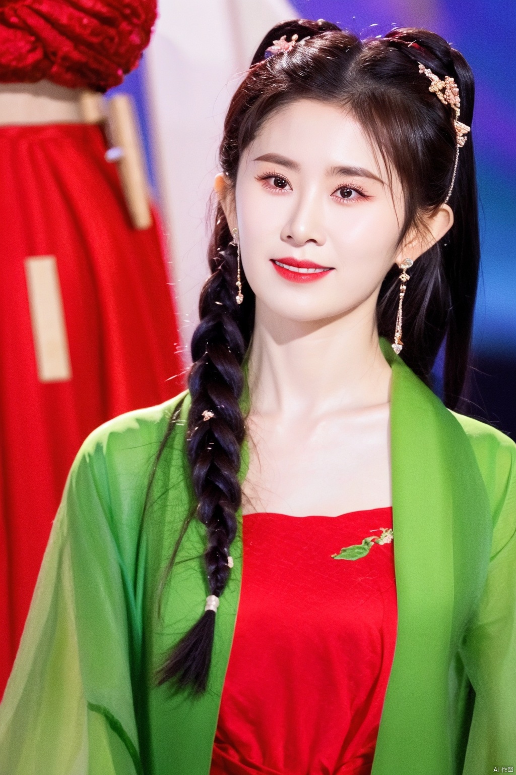 1girl, mask, jewelry, middle breasts, earrings, black hair, braid, blurry, blurry background, hair ornament, long sleeves, solo focus, realistic, long hair, chinese clothes, dress, upper body, red dress, red lips, black eyes, hanfu, QIEMANCN