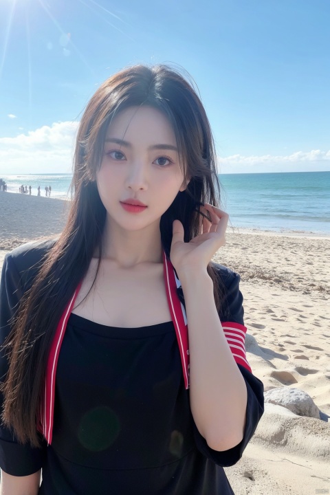  1girl,selfie, sea, wind, messy hair, sunshine, beach, (aesthetics and atmosphere:1.2), xiaolu, zhoudongyu,qiangshen,梨涡彤彤, zuo, liuyife, chaoyue