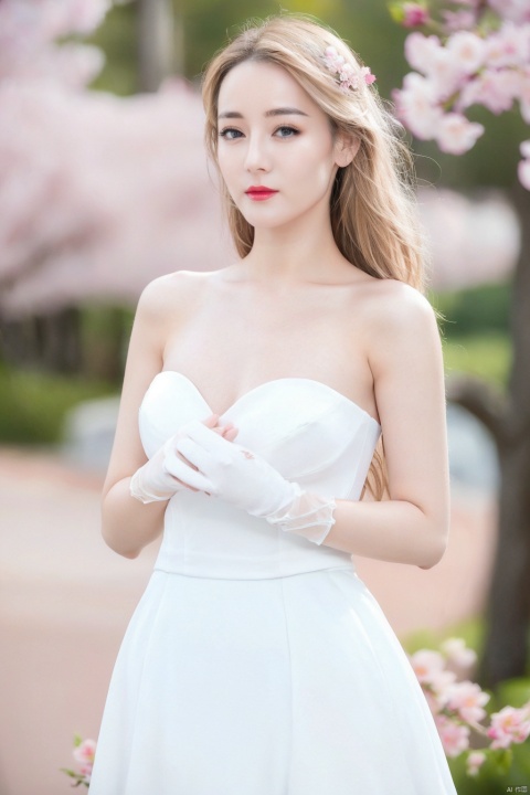 1girl, breasts, blonde hair, gloves, solo, dress, cleavage, large breasts, cherry blossoms, white gloves, petals, white dress, moon, looking at viewer, long hair, parted lips, lips, outdoors, short dress, bare shoulders