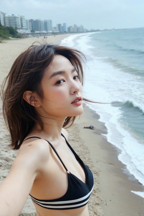  1girl,selfie, sea, wind, messy hair, sunshine, beach, (aesthetics and atmosphere:1.2),