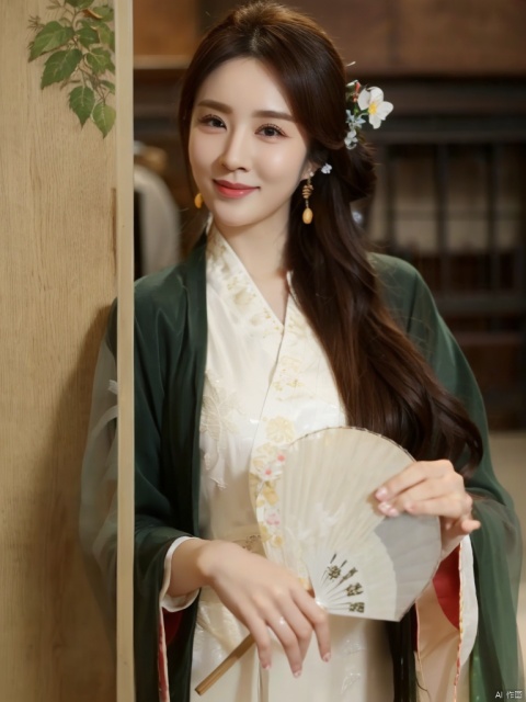 1girl, solo, long hair, smile, brown hair, hair ornament, holding, jewelry, upper body, flower, earrings, hair flower, wide sleeves, looking to the side, chinese clothes, hand fan, realistic, holding fan, paper fan, hanfu