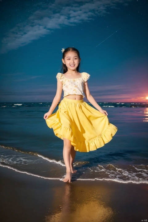  A little girl walks by the sea at sunset, surrounded by sparkling stars. These stars are reflected on the surface of the water and reflect the stars in the sky. The color of the picture is mainly warm yellow, creating a scene that is both dreamy and peaceful, **** a beautiful fairy tale world. The little girl's smile and her skirt dancing in the light add an air of innocence and innocence., chenchen, tongtong