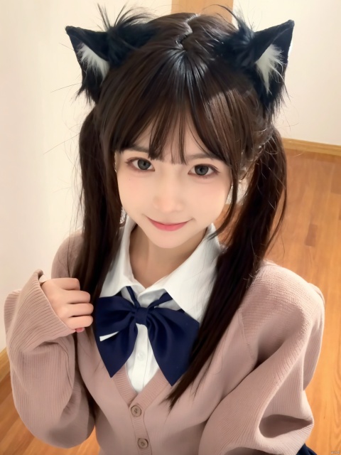 Best-A,tyakomes,1girl, animal_ear_fluff, animal_ears, blush, bow, bowtie, brown_cardigan, buttons, cardigan, cat_ears, cat_girl, closed_mouth, collared_shirt, commentary, dot_nose, hair_bow, highres, long_bangs, long_hair, long_sleeves, looking_at_viewer, original, pink_bow, pink_hair, purple_bow, purple_bowtie, purple_hair_girl_\(tyakomes\), raised_eyebrows, school_uniform, shirt, sidelocks, simple_background, sleeves_past_wrists, smile, solo, straight_hair, symbol-only_commentary, tyakomes, v-neck, variant_set, white_background, white_shirt