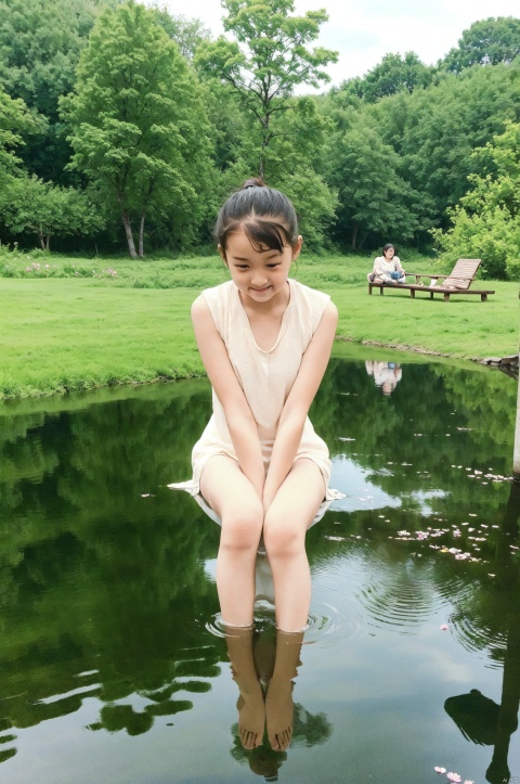  1girl, solo, sitting by the lake, playing water with feet, patting water, water reflection, ripples, flowers, trees, grass, sunny, delicate lighting, tianxiu, tongtong