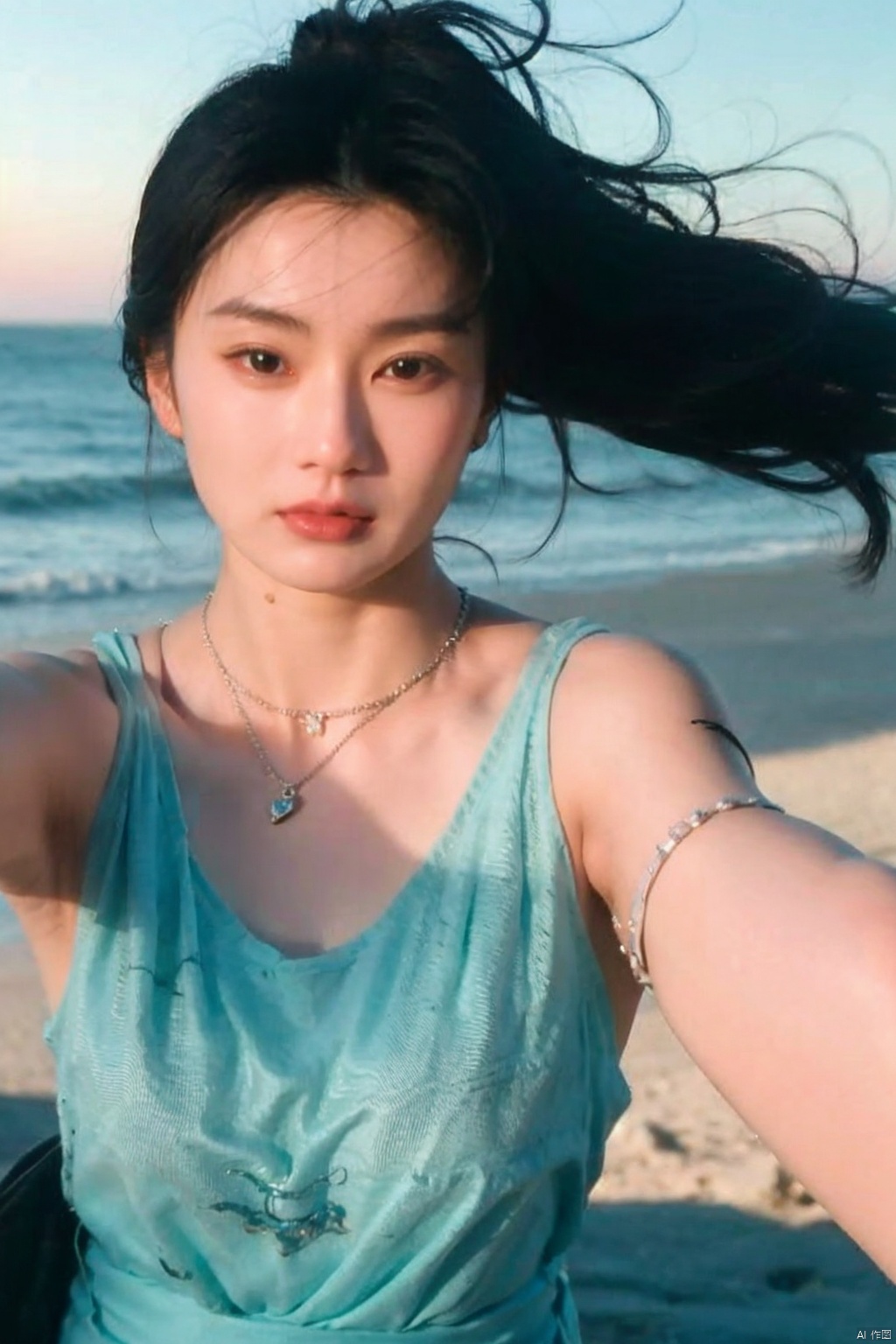  1girl,selfie, sea, wind, messy hair, sunshine, beach, (aesthetics and atmosphere:1.2),