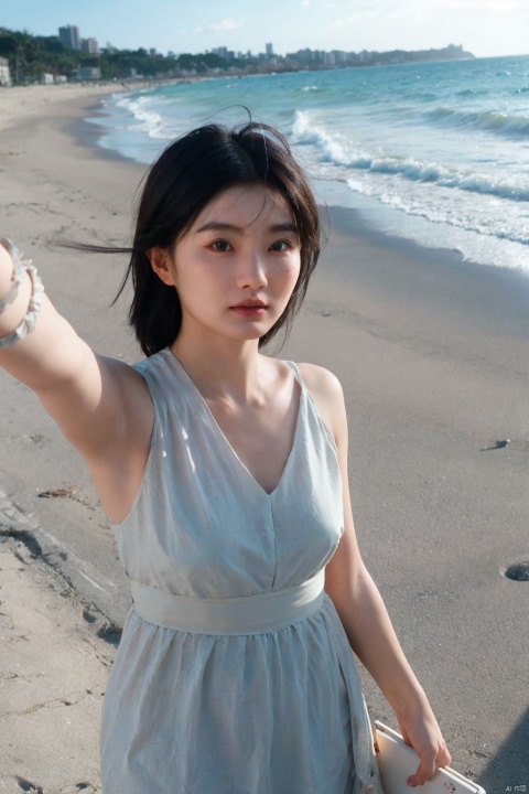  1girl,selfie, sea, wind, messy hair, sunshine, beach, (aesthetics and atmosphere:1.2),