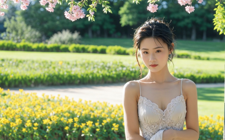  masterpiece, best quality, ultra high res, sexy beauty, slim figure, middle breasts, wearing lace maxi dress；A young girl with a slim figure and a large chest is wearing a long lace dress. She is standing in a field of flowers, with the sun shining on her face. The wind is blowing through her hair, and the flowers are swaying in the breeze. She is looking over her shoulder at the camera, with a seductive expression on her face. The field is filled with a variety of colorful flowers, and the air is filled with the scent of jasmine. The atmosphere is romantic and sensual. The camera is focused on the girl's body, with a shallow depth of field, chenchen, SaayaIrie, jiaxin