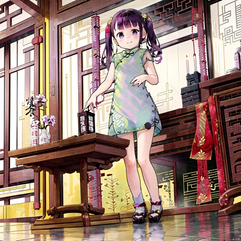  masterpiece, best quality, 1girl, loli,Cocoa,solo, long hair, black hair,bow, twintails, purple eyes, purple hair, hair bow, full body, Indoor, (cheongsam:2), Chinese New Year, tongtong
